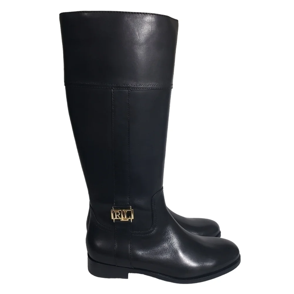 Lauren Ralph Lauren Berdie Black 100% Leather Riding Boots Sz 5.5B, 10B